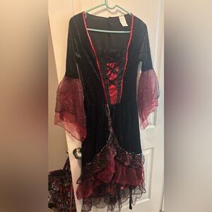 Black and Red Gothic women’s Witch Dress with Sheer Sleeves Halloween Costume